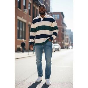 Men's Vintage Sears Roebuck 3XL Blue White Green Striped Rugby Polo Shirt